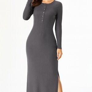 Fall Solid Knit Grey Button-Front Long Sleeve Dress - Small / Medium